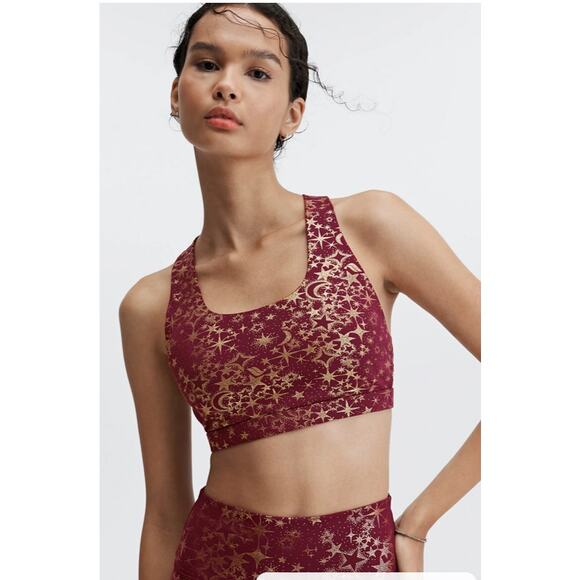 Fabletics Boost Medium Impact Sports Bra - Port Wine Stardust Gold Size Medium - Picture 1 of 8